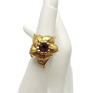 Purple Glass Rhinestone Gold Tone Flower Vintage Ring Size 5.5